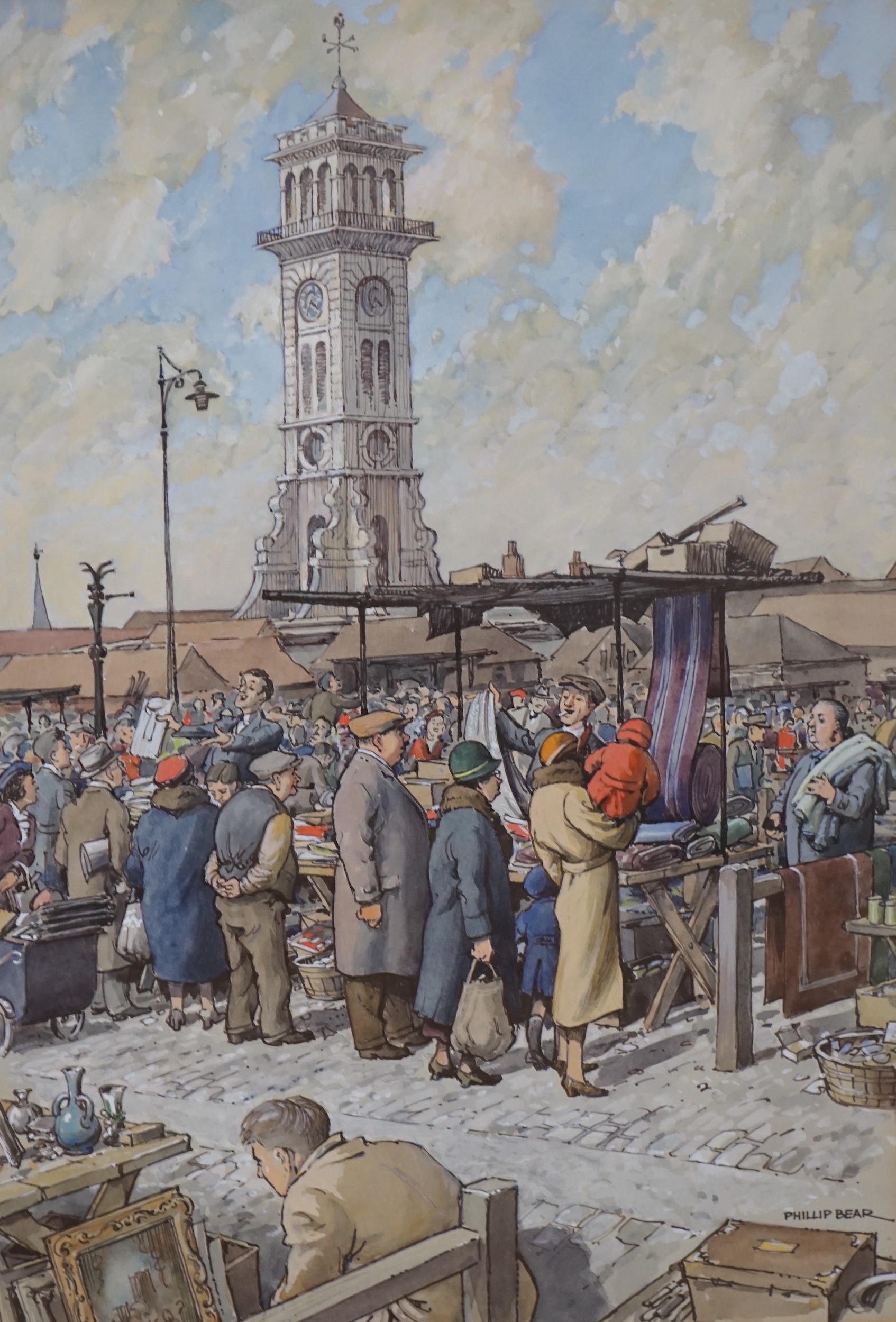 Philip Bear (b.1932), two watercolours, The Old Caledonian Market and Figures beside cottages, signed, 38 x 26cm and 25 x 38cm